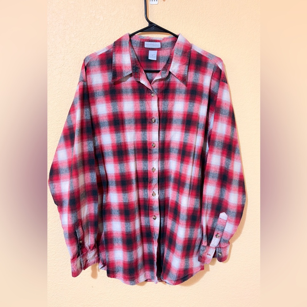 NorthWest Blue Flannel Shirt XL Red Black White Plaid Button Front 100% Cotton